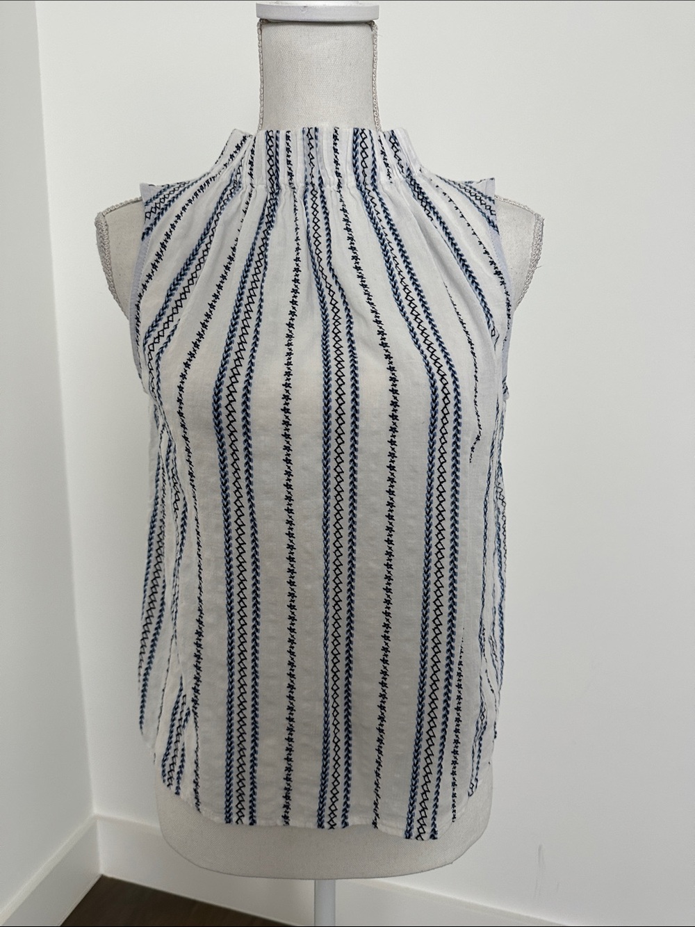 THML White Sleeveless Mock Neck Top with Navy Stripes